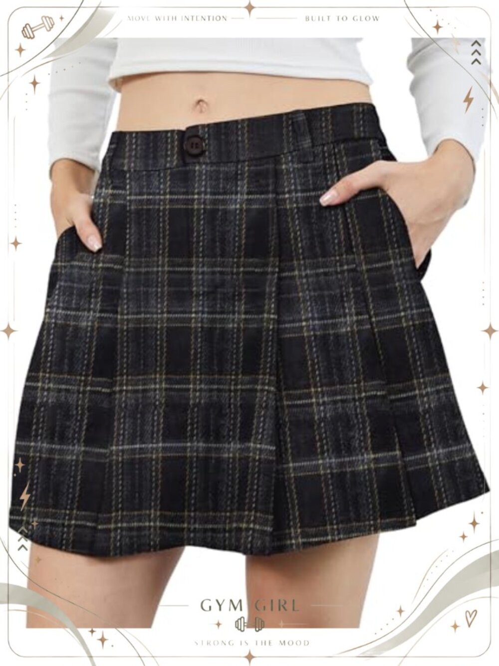 Women's Pleated Plaid Mini Skirt with Pockets A-Line High Waist